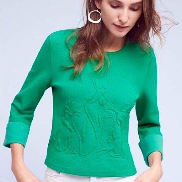 Moth Sweaters - Moth by Antropologie Kelly Green Floral Embossed Cuff Sleeve Cropped Sweater M